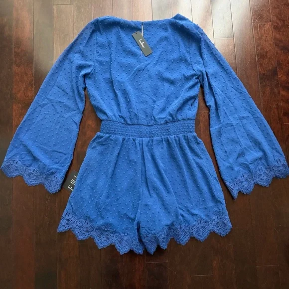 Lulus Women’s NWT Romper Size M Blue Dots Brunch Boho Chic Whimsical Lace - Picture 5 of 7